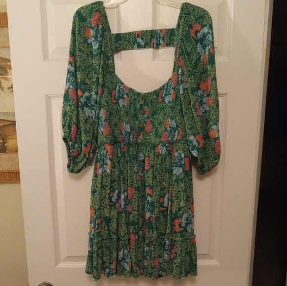 FREE PEOPLE green print open back flounce mini dress. XL - Picture 2 of 13